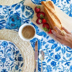 Mrs. Alice Cornflower Blue Block Printed Tablecloth 90x112"